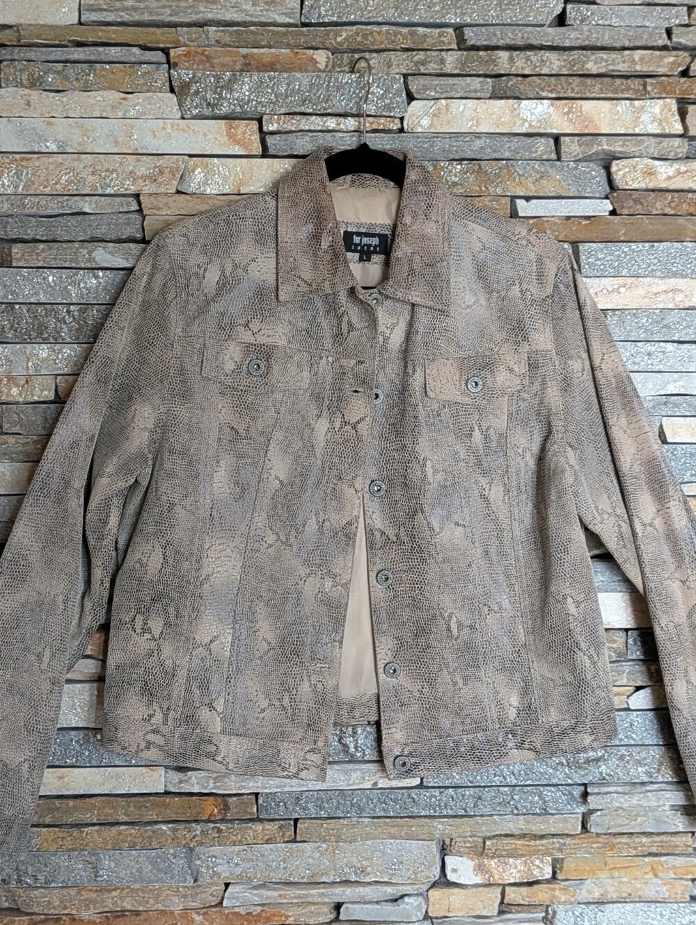 Genuine Leather Snake-Print Button-Front Jean Jacket - Brown